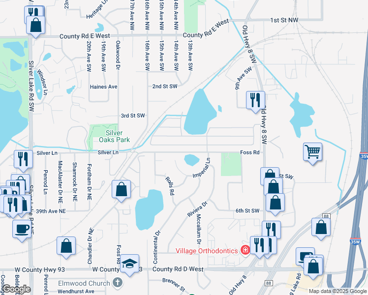 map of restaurants, bars, coffee shops, grocery stores, and more near 1520 Cessna Drive in New Brighton
