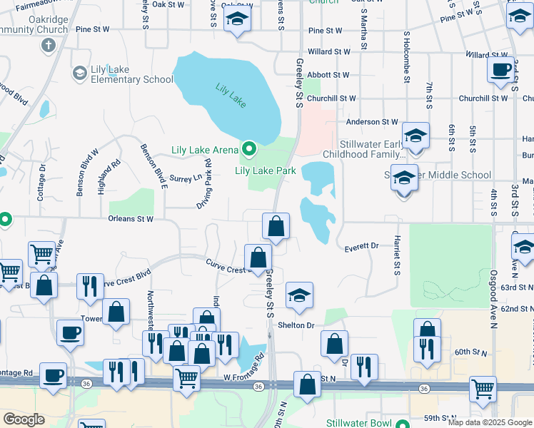 map of restaurants, bars, coffee shops, grocery stores, and more near 1504 Greeley Street South in Stillwater