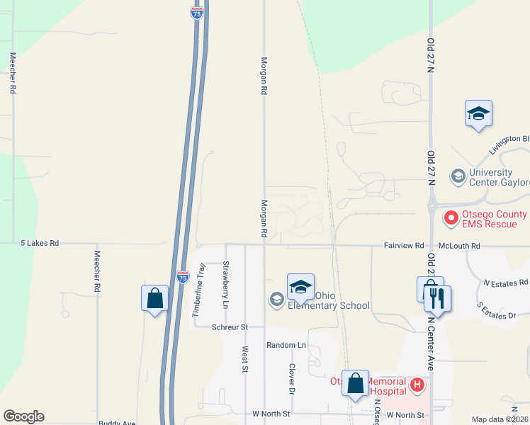 map of restaurants, bars, coffee shops, grocery stores, and more near 1326 Morgan Road in Gaylord