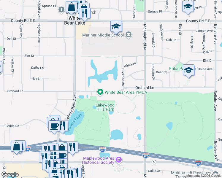map of restaurants, bars, coffee shops, grocery stores, and more near 2119 Orchard Lane in White Bear Lake