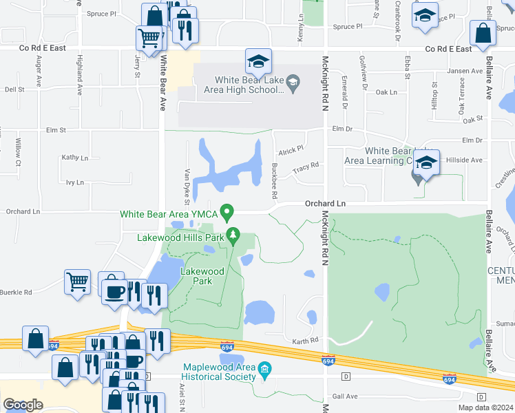 map of restaurants, bars, coffee shops, grocery stores, and more near 2157 Orchard Lane in White Bear Lake