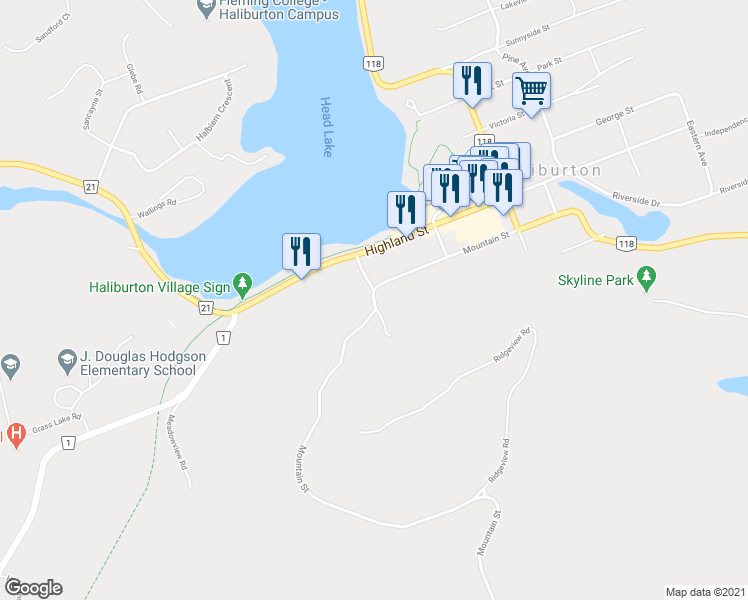 map of restaurants, bars, coffee shops, grocery stores, and more near 561 Mountain Street in Haliburton
