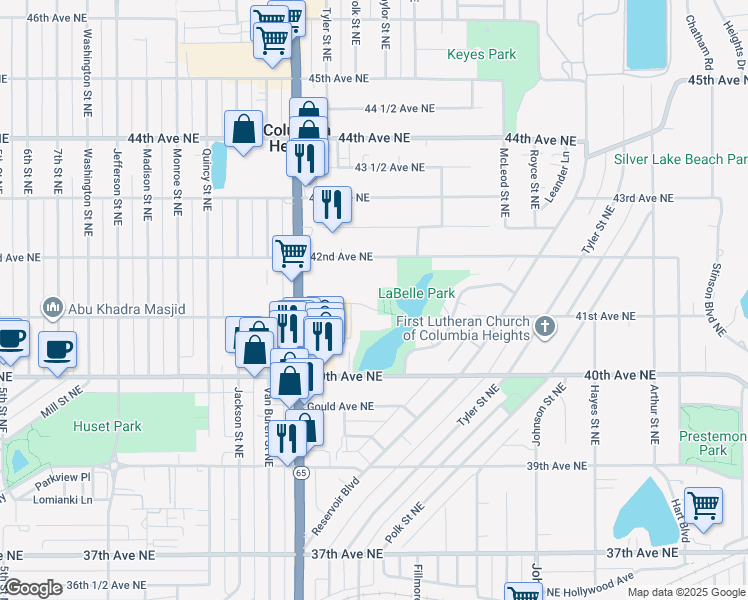 map of restaurants, bars, coffee shops, grocery stores, and more near 1011 41st Avenue Northeast in Columbia Heights