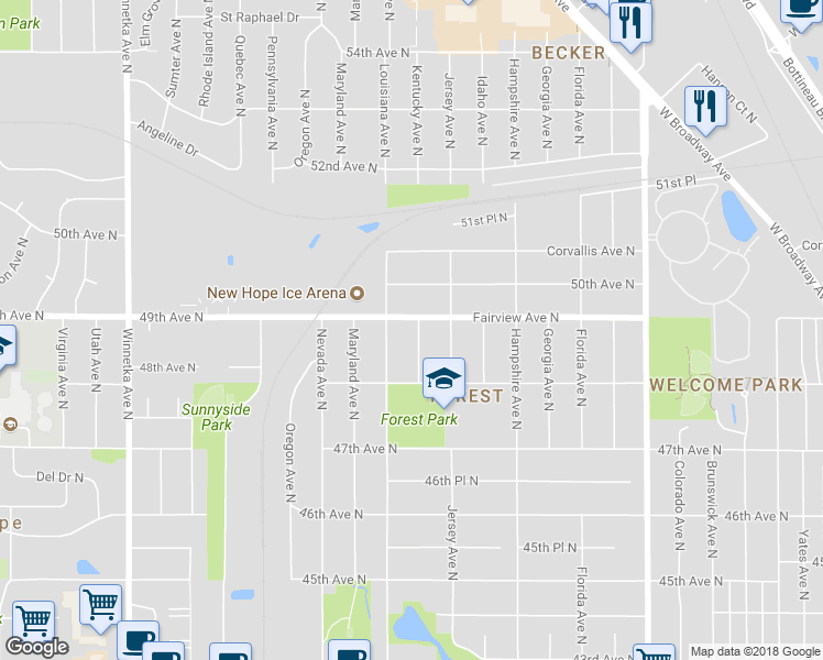 map of restaurants, bars, coffee shops, grocery stores, and more near 4849 Kentucky Avenue North in Minneapolis