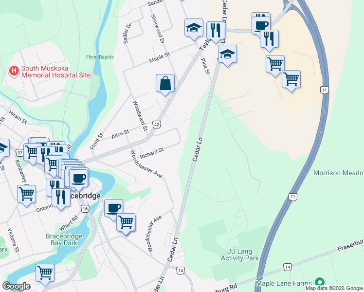 map of restaurants, bars, coffee shops, grocery stores, and more near 188 Vel Dor Crescent in Bracebridge