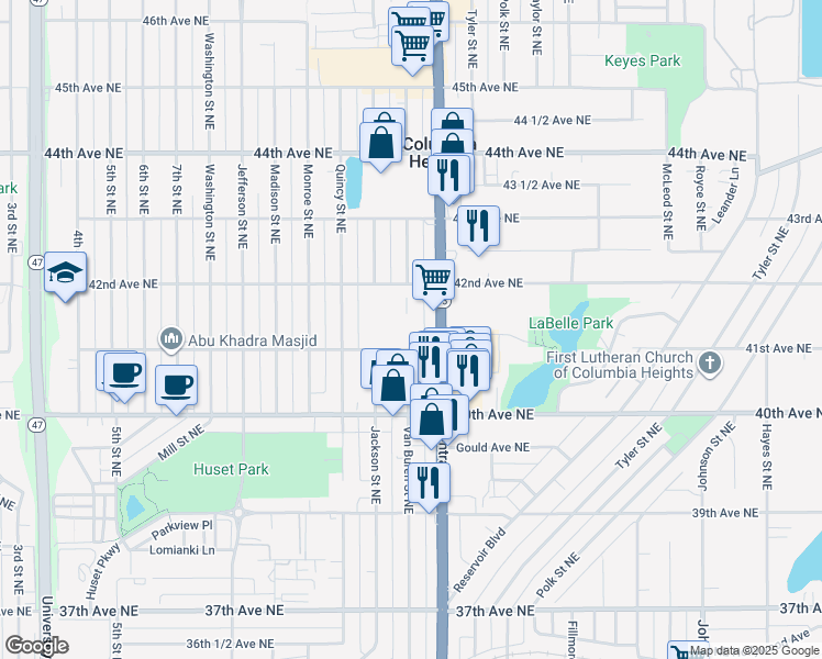 map of restaurants, bars, coffee shops, grocery stores, and more near 853 41st Avenue Northeast in Columbia Heights