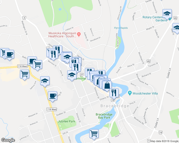 map of restaurants, bars, coffee shops, grocery stores, and more near 117 James Street in Bracebridge