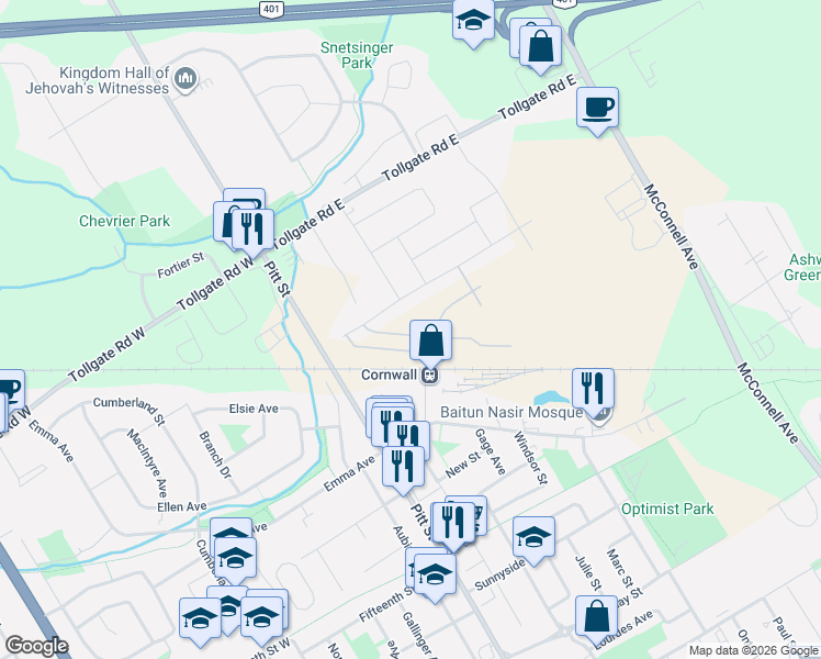 map of restaurants, bars, coffee shops, grocery stores, and more near 151 Woodland Drive in Cornwall
