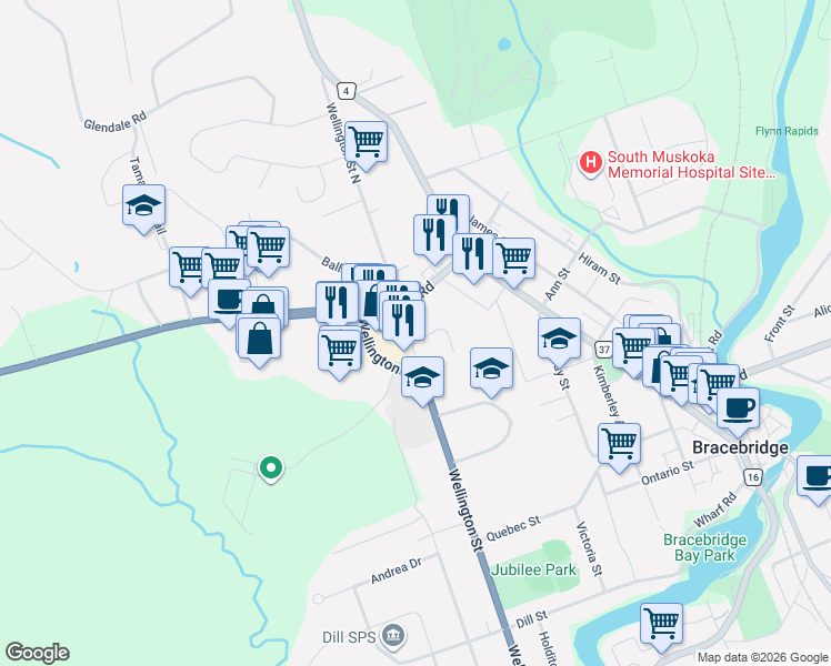 map of restaurants, bars, coffee shops, grocery stores, and more near 15 Wellington Court in Bracebridge