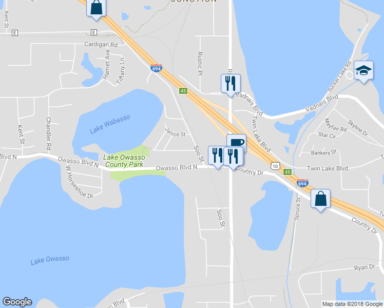 map of restaurants, bars, coffee shops, grocery stores, and more near 222 Grand Avenue in Shoreview