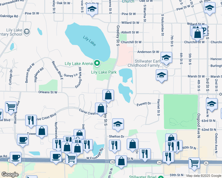map of restaurants, bars, coffee shops, grocery stores, and more near 1451 Greeley Street South in Stillwater