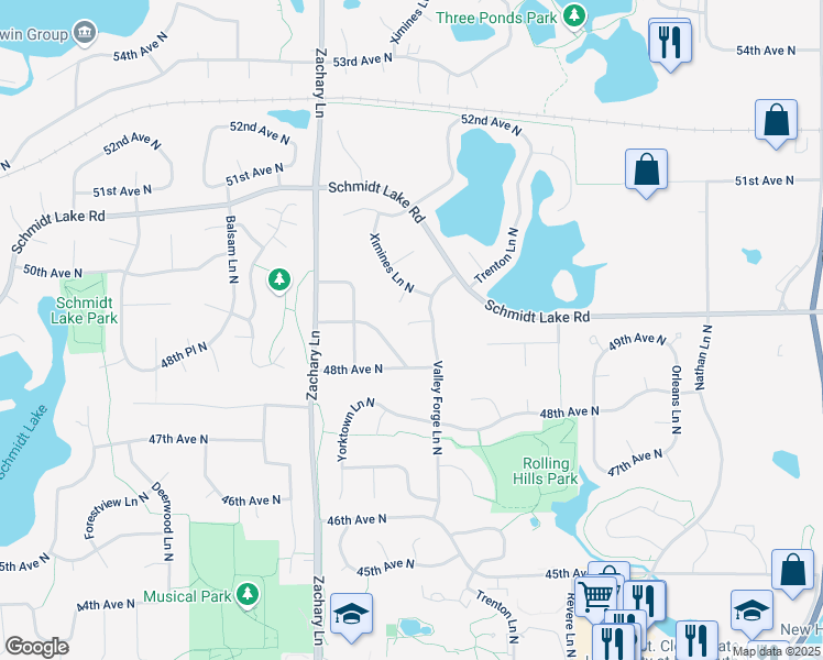 map of restaurants, bars, coffee shops, grocery stores, and more near 10805 49th Avenue North in Minneapolis