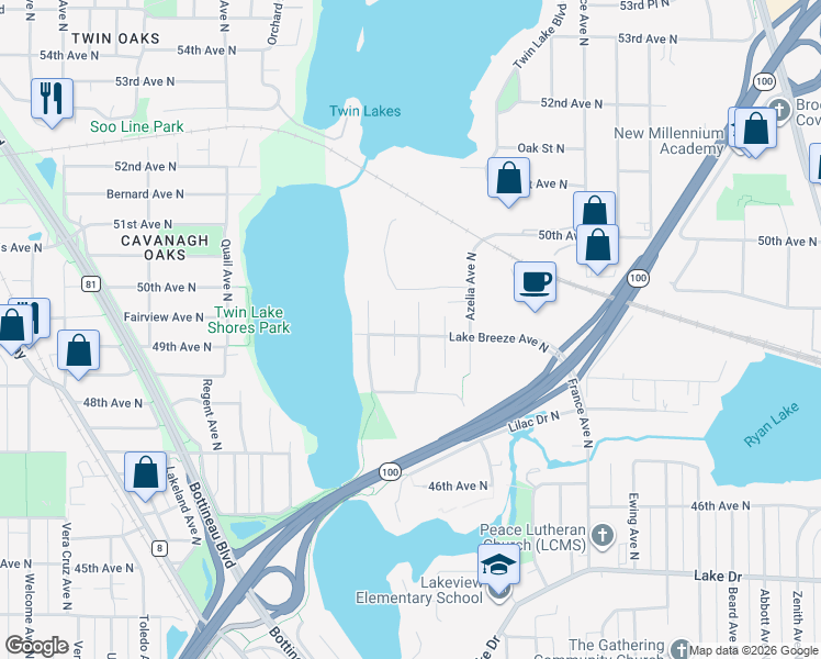 map of restaurants, bars, coffee shops, grocery stores, and more near 4812 Lakeview Avenue North in Minneapolis