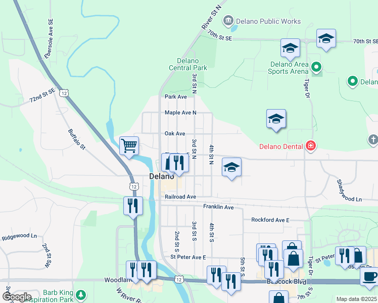 map of restaurants, bars, coffee shops, grocery stores, and more near 304 2nd Street North in Delano