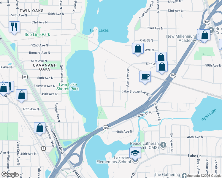 map of restaurants, bars, coffee shops, grocery stores, and more near 4812 Lakeview Avenue North in Minneapolis