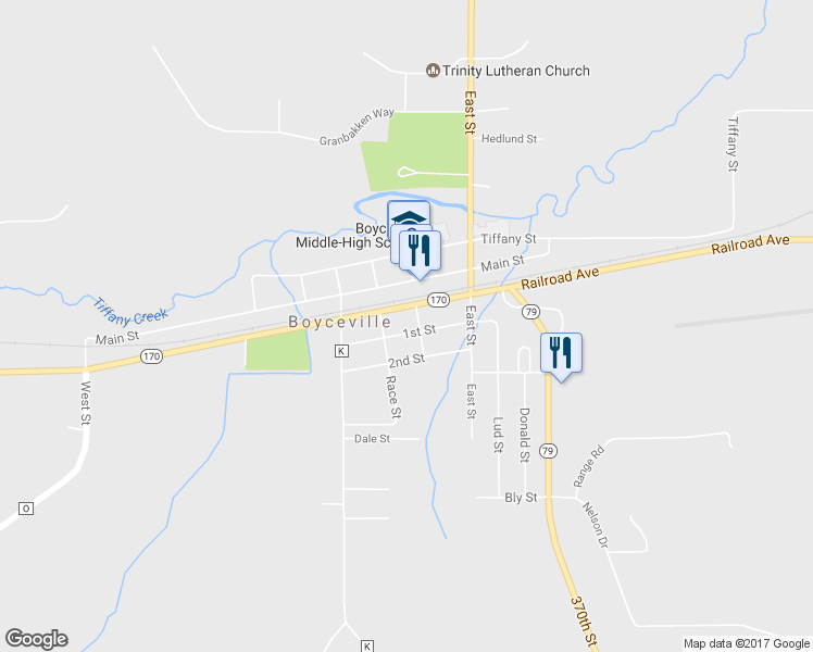 map of restaurants, bars, coffee shops, grocery stores, and more near 925 1st Street in Boyceville