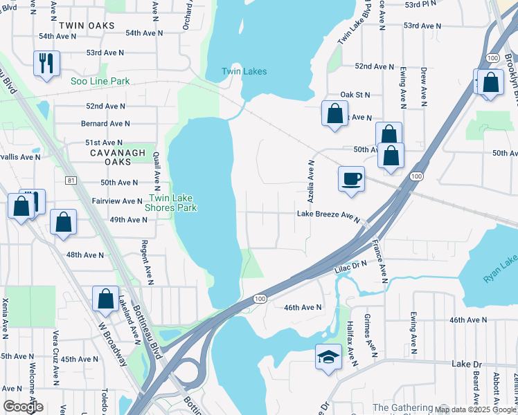 map of restaurants, bars, coffee shops, grocery stores, and more near 4210 Lake Breeze Avenue North in Brooklyn Center