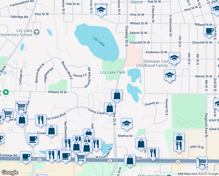 map of restaurants, bars, coffee shops, grocery stores, and more near 1410 Greeley Street South in Stillwater