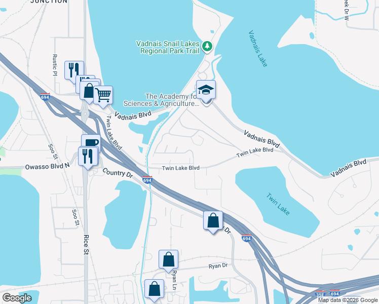 map of restaurants, bars, coffee shops, grocery stores, and more near 342 Bankers Drive in Saint Paul