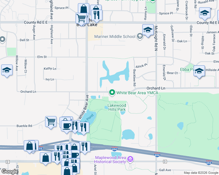 map of restaurants, bars, coffee shops, grocery stores, and more near 3385 Orchard Circle in White Bear Lake