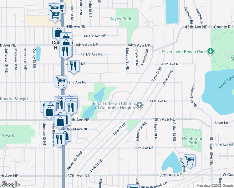 map of restaurants, bars, coffee shops, grocery stores, and more near 1334 Circle Terrace Boulevard Northeast in Minneapolis