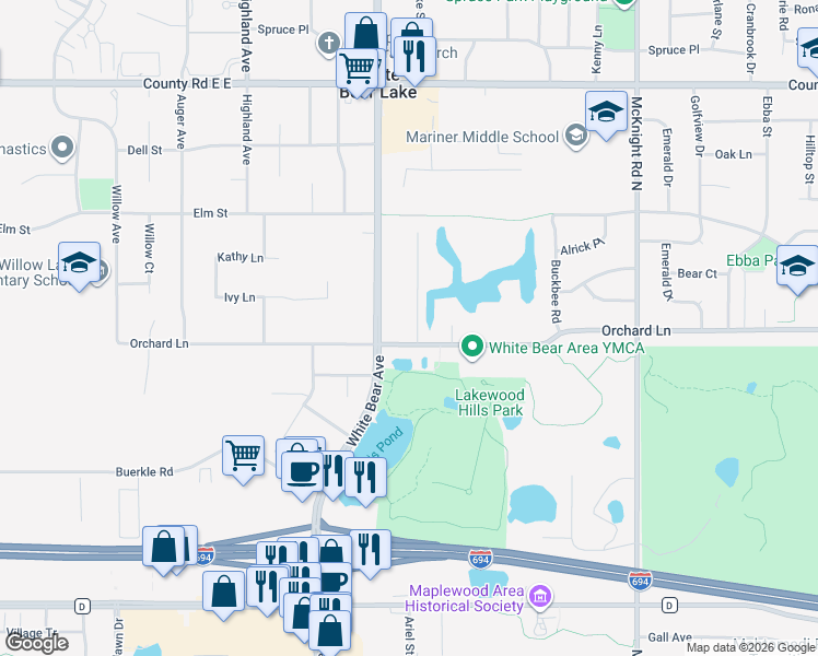 map of restaurants, bars, coffee shops, grocery stores, and more near 3385 Van Dyke Street in White Bear Lake