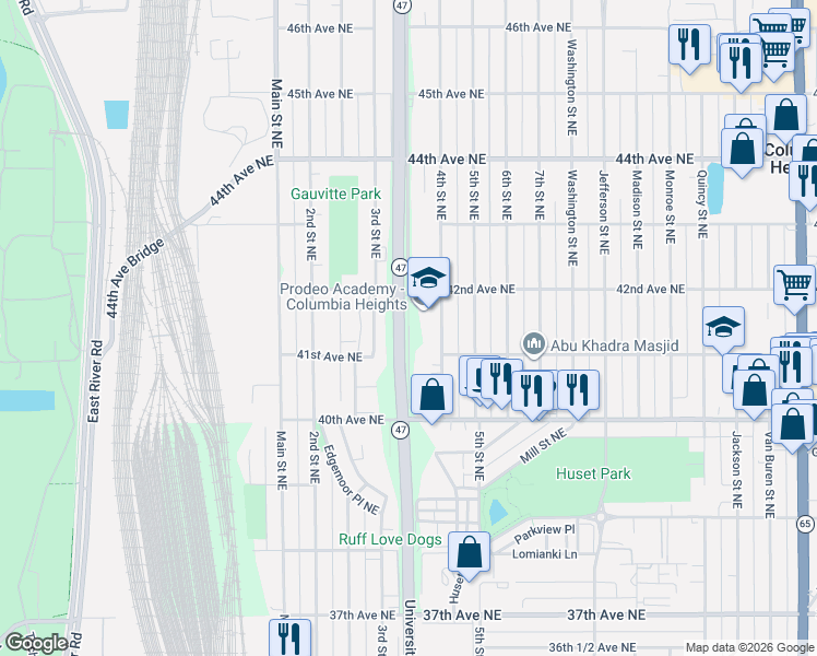 map of restaurants, bars, coffee shops, grocery stores, and more near 4141 University Avenue Sev Road in Columbia Heights
