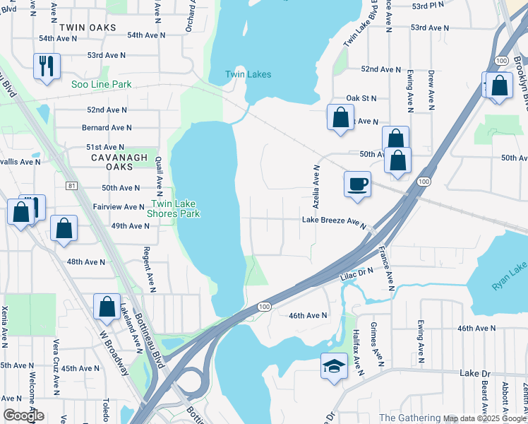 map of restaurants, bars, coffee shops, grocery stores, and more near 4210 Lake Breeze Avenue North in Brooklyn Center