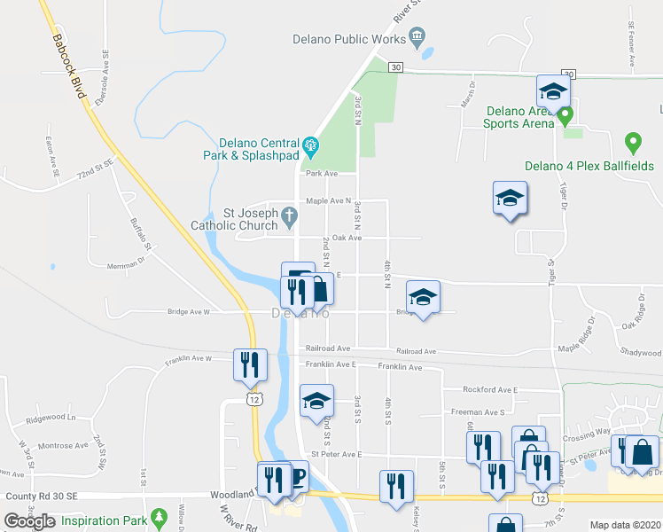 map of restaurants, bars, coffee shops, grocery stores, and more near 304 2nd Street North in Delano
