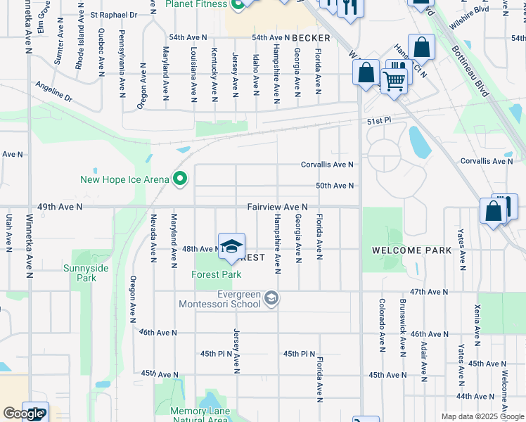 map of restaurants, bars, coffee shops, grocery stores, and more near 4856 Idaho Avenue North in Minneapolis