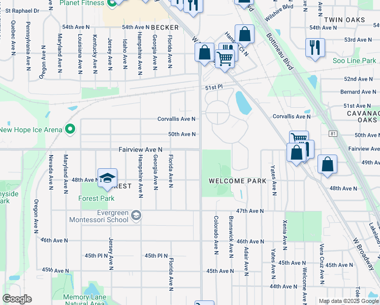 map of restaurants, bars, coffee shops, grocery stores, and more near 4859 Edgewood Avenue North in Minneapolis