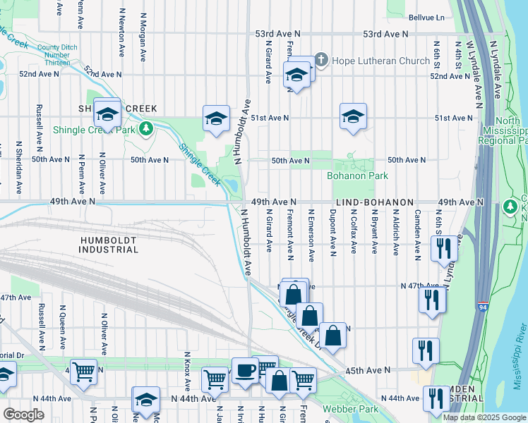 map of restaurants, bars, coffee shops, grocery stores, and more near 4839 North Girard Avenue in Minneapolis