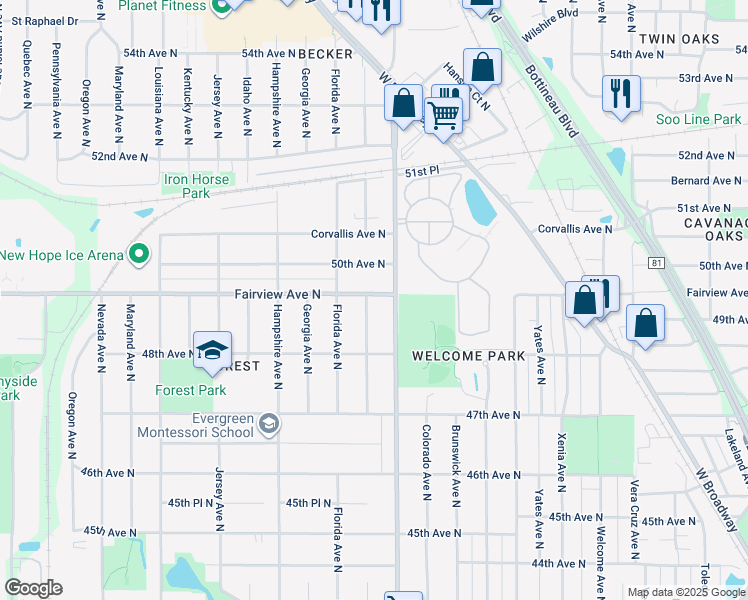 map of restaurants, bars, coffee shops, grocery stores, and more near 4856 Edgewood Avenue North in Minneapolis