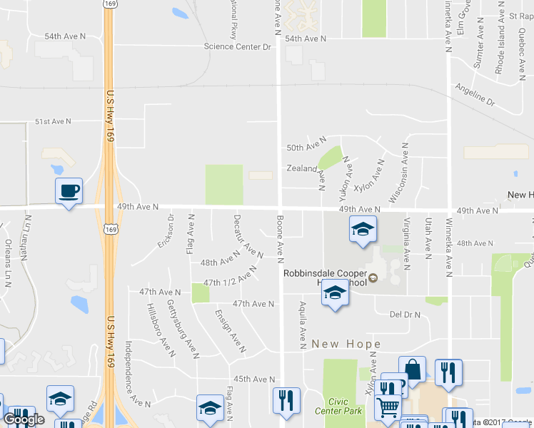 map of restaurants, bars, coffee shops, grocery stores, and more near 8709 49th Avenue North in Minneapolis