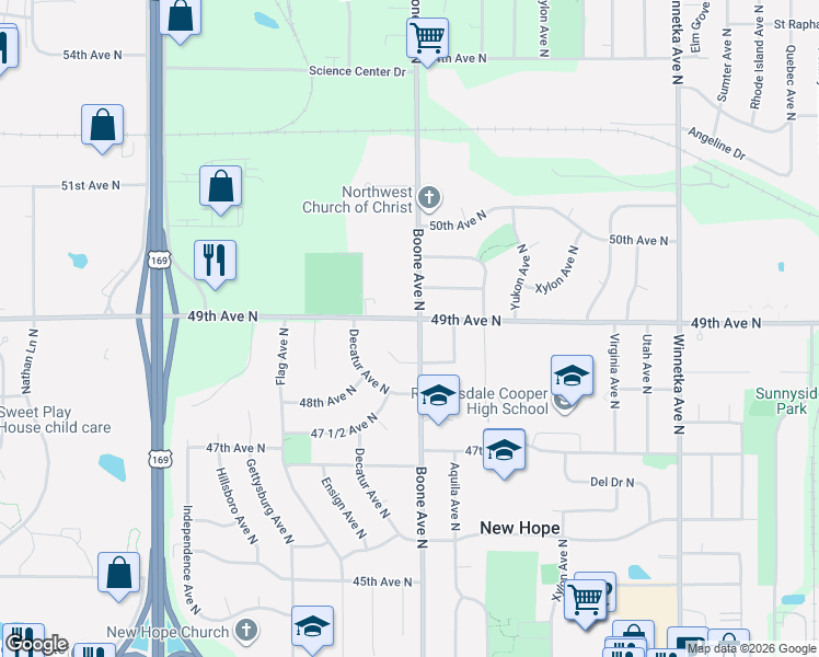 map of restaurants, bars, coffee shops, grocery stores, and more near 4881 Boone Avenue North in Minneapolis