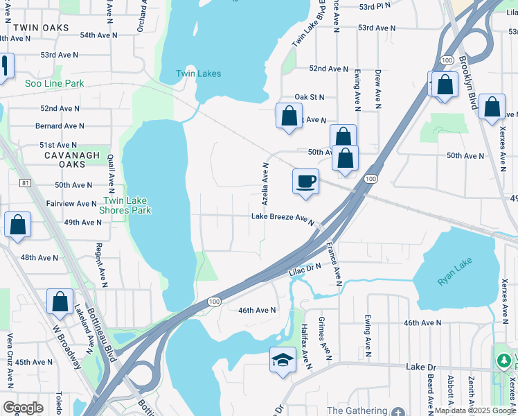 map of restaurants, bars, coffee shops, grocery stores, and more near 4807 Azelia Avenue North in Minneapolis