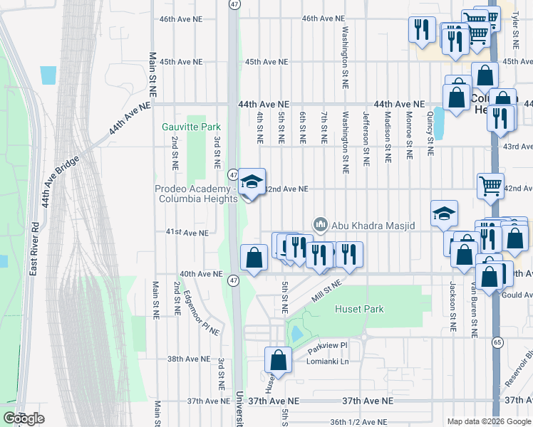 map of restaurants, bars, coffee shops, grocery stores, and more near 4125 4th Street Northeast in Minneapolis