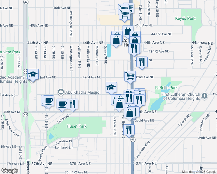 map of restaurants, bars, coffee shops, grocery stores, and more near 4125 Quincy Street Northeast in Minneapolis