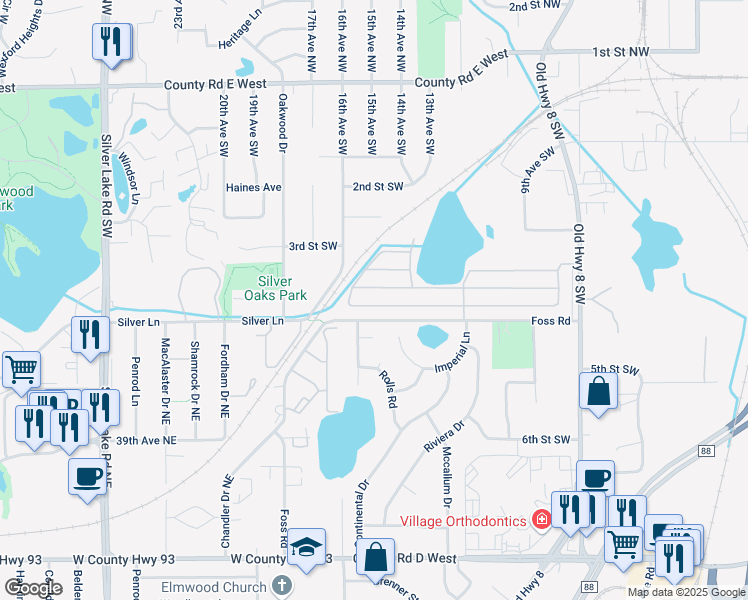map of restaurants, bars, coffee shops, grocery stores, and more near 1520 Cessna Drive in New Brighton