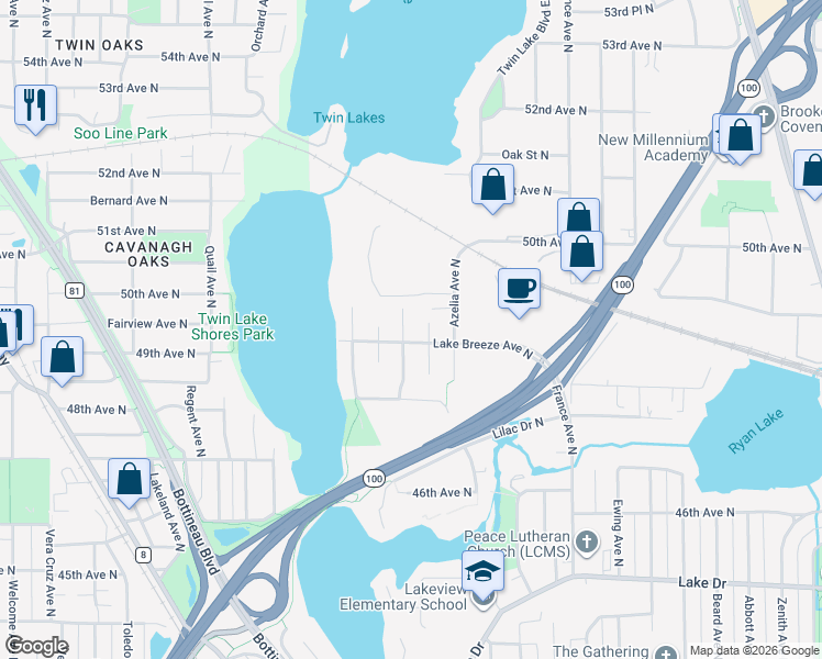 map of restaurants, bars, coffee shops, grocery stores, and more near 4812 Lakeview Avenue North in Minneapolis