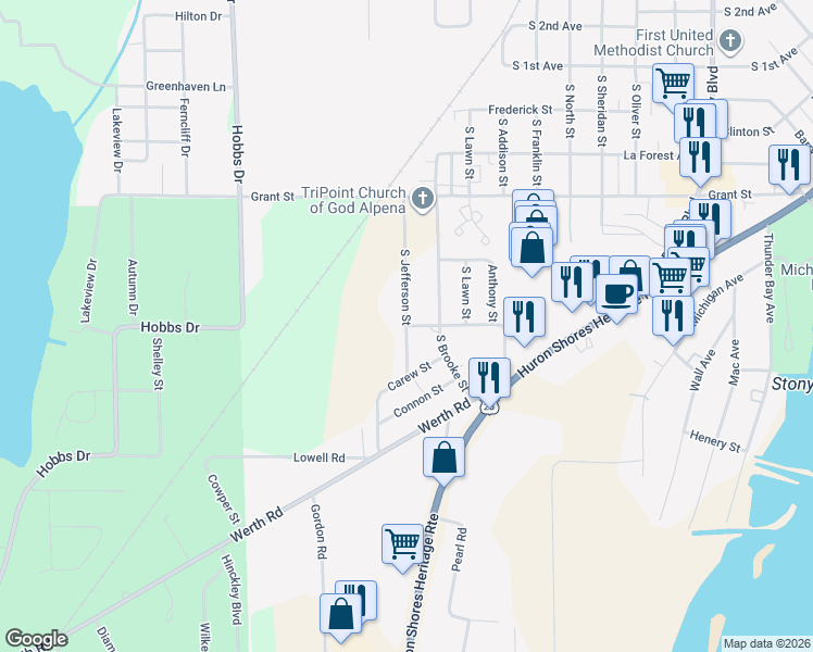 map of restaurants, bars, coffee shops, grocery stores, and more near 965 Griffith Ave in Alpena