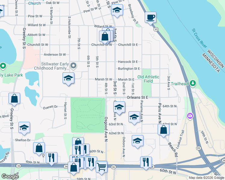 map of restaurants, bars, coffee shops, grocery stores, and more near 1334 3rd Street South in Stillwater