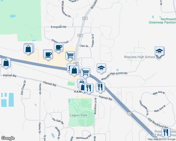 map of restaurants, bars, coffee shops, grocery stores, and more near 72 Minnesota 101 in Medina
