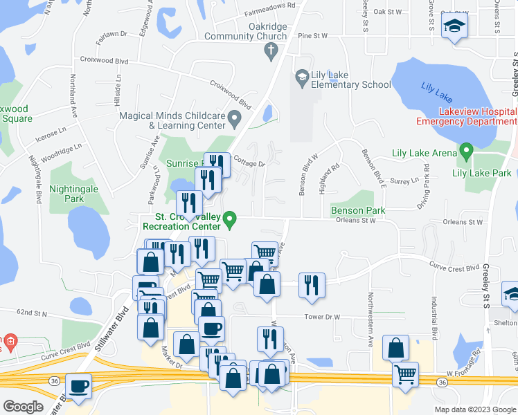 map of restaurants, bars, coffee shops, grocery stores, and more near 1514 Cottage Drive in Stillwater