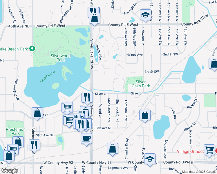 map of restaurants, bars, coffee shops, grocery stores, and more near 2312 Silver Lane in Saint Paul