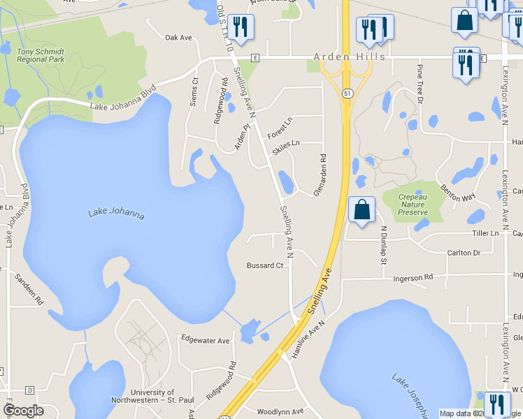 map of restaurants, bars, coffee shops, grocery stores, and more near 3377 Snelling Avenue North in Arden Hills