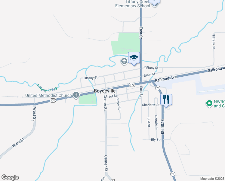 map of restaurants, bars, coffee shops, grocery stores, and more near 820 Railroad Avenue in Boyceville