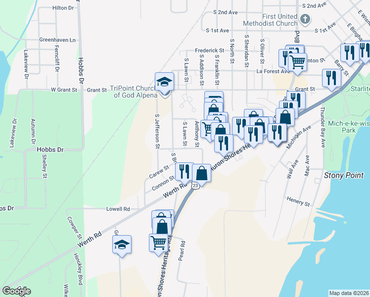 map of restaurants, bars, coffee shops, grocery stores, and more near 999 Griffith Street in Alpena