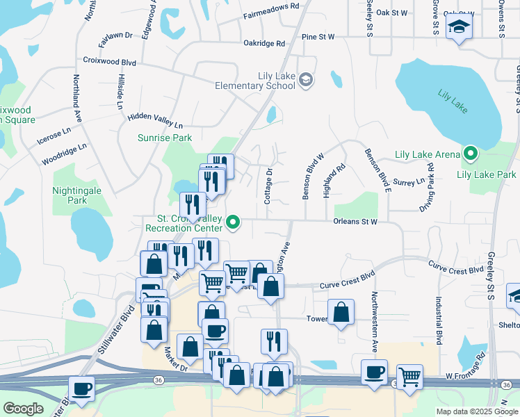 map of restaurants, bars, coffee shops, grocery stores, and more near 1514 Cottage Drive in Stillwater