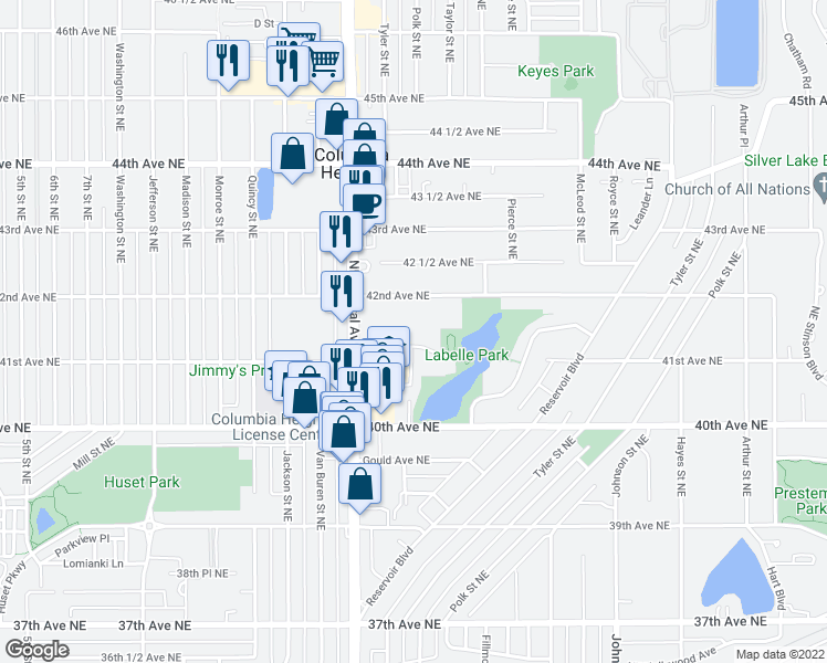 map of restaurants, bars, coffee shops, grocery stores, and more near 1011 41st Avenue Northeast in Columbia Heights